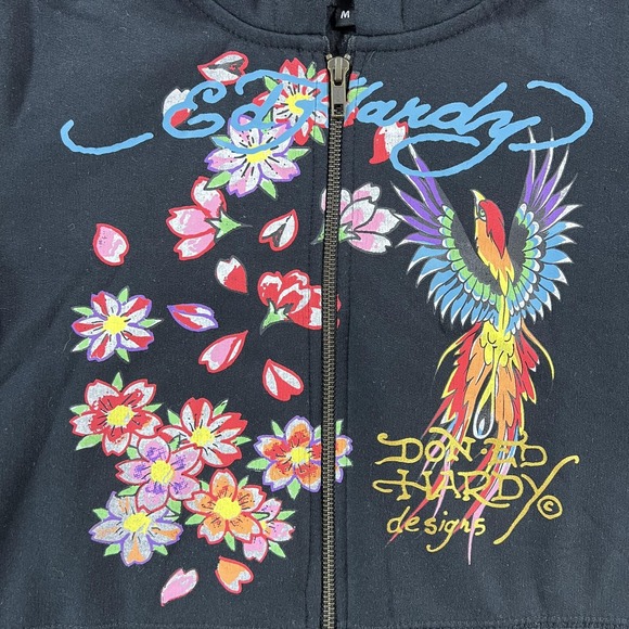 Ed Hardy Hoodie Womens Medium Black Cropped Floral Phoenix Tattoo Full Zip - Picture 2 of 15